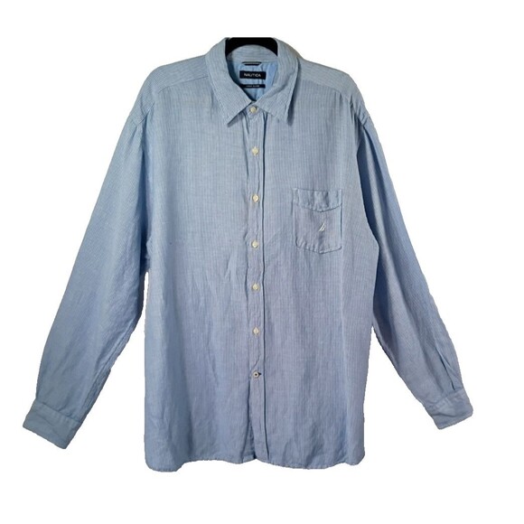 Nautica Baby Blue Linen Blend Shirt Size XL Railroad Stripe Button Down Long Sle - Picture 2 of 14
